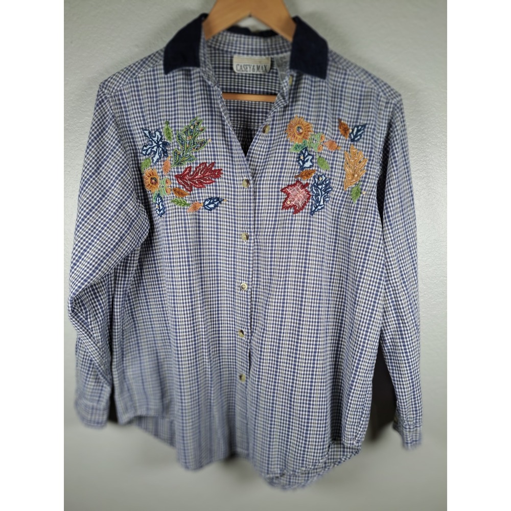 Casey & Max Vintage Gingham Embroidered Shirt Blue White Corduroy Collar Large